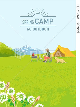 春キャンプを楽しむ若い女性と飼い犬- 縦構図　A4比率　文字付き 89732015