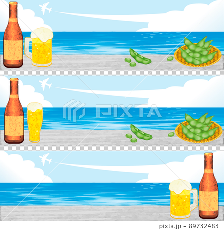 バナー　フレーム　夏　海　ビール　枝豆　飛行機　青空　コピースペース　背景　枠　水彩　イラストセット 89732483