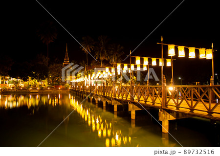 Wat Traphang Thong temple at night in Sukhothai historical park, Thailand Wat Traphang Thong temple at night in Sukhothai historical park, Thailand 89732516