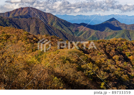 清八山から見る紅葉の御坂黒岳・釈迦ヶ岳・南アルプスの山並み 89733359