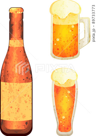 夏 ビール 生ビール ビール瓶 お酒 ジョッキ グラス 水彩 手描き アナログタッチ イラストセットのイラスト素材
