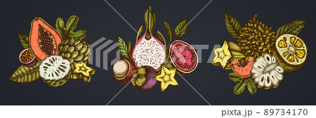 Composition design of colored papaya, guava, passion fruit, starfruit, durian, rambutan, pitaya Composition design of colored papaya, guava, passion fruit, starfruit, durian, rambutan, pitaya 89734170