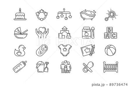 Baby line icon. Pictogram of pregnancy and newborn kids care. Infant and child. Mother and childhood. Maternity signs set. Loving family. Pacifier and toys. Vector symbols collection 89736474