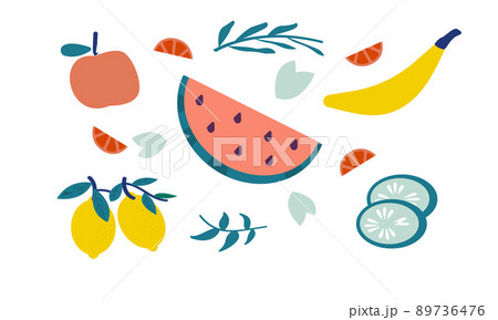 Vegan and organic food. Fruit pieces. Juicy watermelon or kiwi. Plant leaves. Lemon and banana. Ripe apple. Cartoon vegetarian with natural eco food. Healthy lifestyle. Vector meal set 89736476