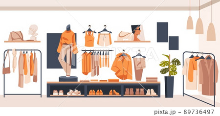 Resale market. Fair charity with choose accessories and fashion stuff. Secondhand boutique interior. Garments and shopping furniture. Merchandise on shelves and racks. Vector sale store 89736497