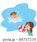 溺れている男の子を助けるために浮き輪を投げようとしている若い女性のイラスト　可愛い　クリップアート 89737270