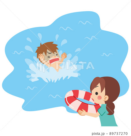 溺れている男の子を助けるために浮き輪を投げようとしている若い女性のイラスト　可愛い　クリップアート 89737270