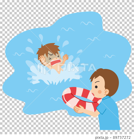 溺れている男の子を助けるために浮き輪を投げようとしている若い男性のイラスト　可愛い　クリップアート 89737272