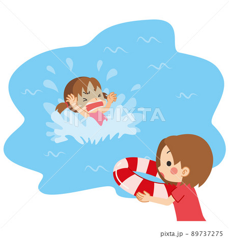 溺れている女の子を助けるために浮き輪を投げようとしている若い女性のイラスト　可愛い　クリップアート 89737275