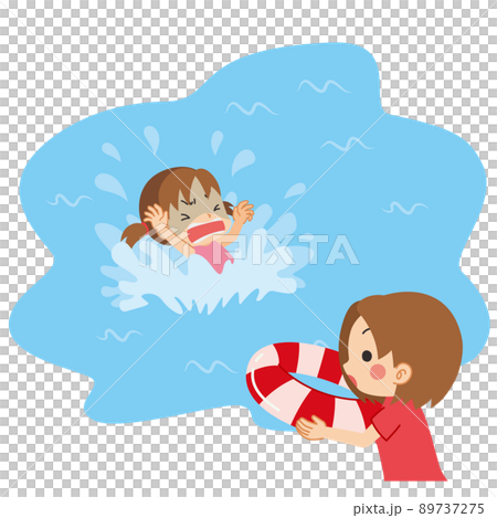 溺れている女の子を助けるために浮き輪を投げようとしている若い女性のイラスト　可愛い　クリップアート 89737275