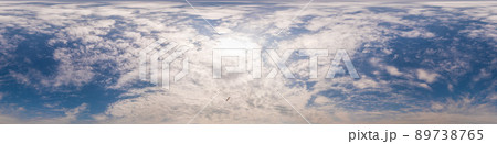 Blue sky panorama with Cumulus clouds. Seamless hdr 360 degree pano in spherical equirectangular format. Complete zenith for 3D visualization, game and sky replacement for aerial drone 360 panoramas. 89738765