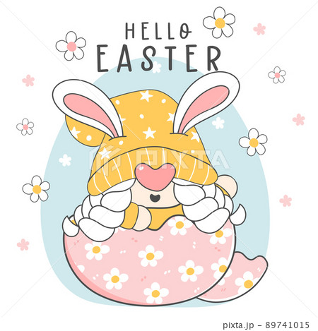 Happy Easter greeting, cute happy Gnome bunny ears pastel in broken Easer eggshell, elf cartoon drawing outline vector, happy holidays banner 89741015