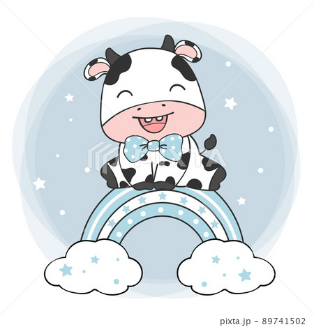 cute animal baby shower birthday greeting card, baby cow boy sitting on blue rainbow, nursery kid cartoon animal farm clipart for t shirt printable 89741502
