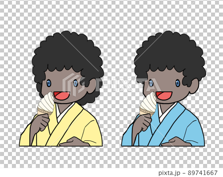 穿著浴衣吃軟冰淇淋的黑人男女（上半身）的插圖 89741667