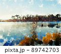 Digital painting of blue lake with pine forest and blue sky background 89742703
