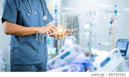medical concept doctor holding tablet taking care of patient medical concept doctor holding tablet taking care of patient 89743581