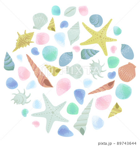 シーグラスと貝殻のベクターイラスト 円形のイラスト素材