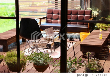 BBQ and preparation on the wooden deck of the... - Stock Photo