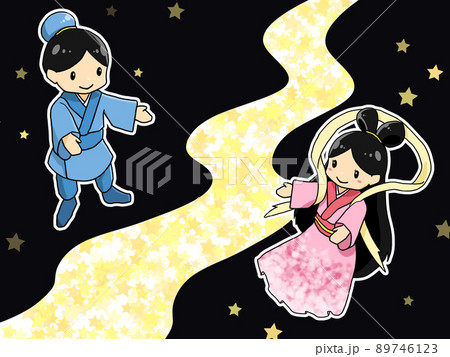 彦星と織姫のイラスト（天の川と背景付き2） 89746123