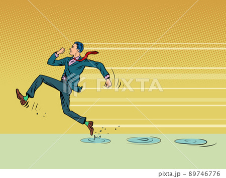 businessman runs fast through puddles, rain, wet weather 89746776