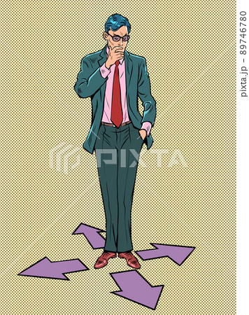 The avatar businessman is thinking where to go, right, left, forward or backward. Computer character 89746780
