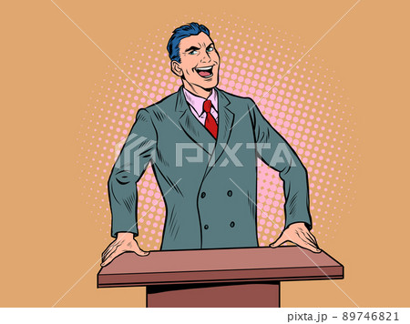 businessman speaker speaks on podium, training business school. Politician or preacher businessman speaker speaks on podium, training business school. Politician or preacher 89746821