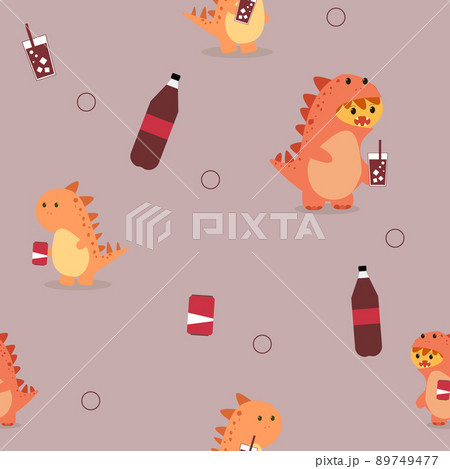 cute dinosaur drinking soft drinks background or fabric pattern for printing 89749477