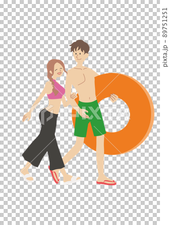 浮き輪をもって歩くカップル 89751251