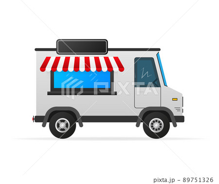 Vintage flat set with truck, kiosk icon. Courier service delivery. Ice cream van Vintage flat set with truck, kiosk icon. Courier service delivery. Ice cream van 89751326