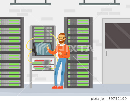 Bearded Man Sysadmin Working with Server Rack Cabinet and Computer Vector Illustration Bearded Man Sysadmin Working with Server Rack Cabinet and Computer Vector Illustration 89752199