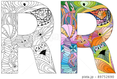 Letter R monogram for coloring, engraving design. Vector illustration. Color and outline set 89752690