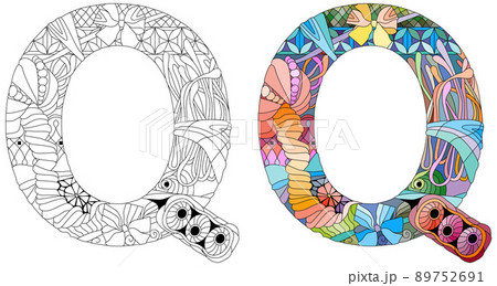 Letter Q monogram for coloring, engraving design. Vector illustration. Color and outline set Letter Q monogram for coloring, engraving design. Vector illustration. Color and outline set 89752691