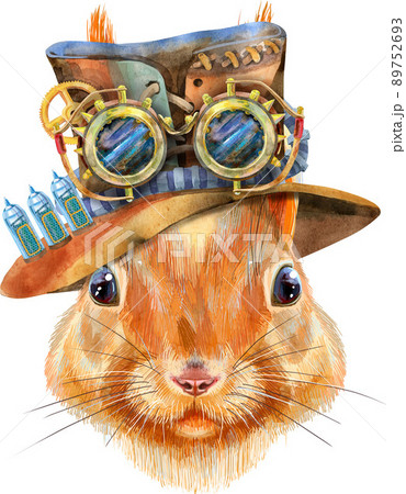 Watercolor hand drawn illustration of squirrel in steampunk hat with googles 89752693