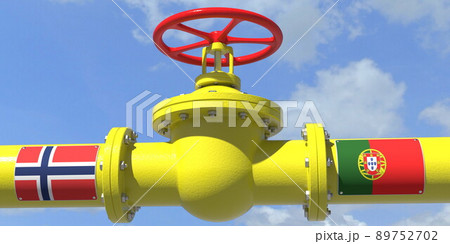 NORWAY PORTUGAL gas or oil transit concept. Pipe with valve, 3D rendering NORWAY PORTUGAL gas or oil transit concept. Pipe with valve, 3D rendering 89752702