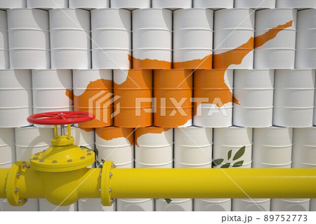 Barrels with flag of Cyprus and gas transportation pipe. 3d rendering 89752773