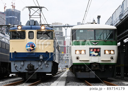 車両基地で並ぶEF65形1000番台(サロンエクスプレス踊り子)と185系 車両基地で並ぶEF65形1000番台(サロンエクスプレス踊り子)と185系 89754179
