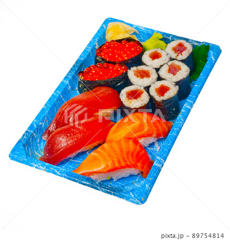 take away sushi express on plastic tray take away sushi express on plastic tray 89754814