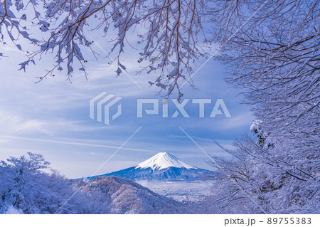 （山梨県）日本の冬景色・降雪後の御坂路から望む富士山 89755383
