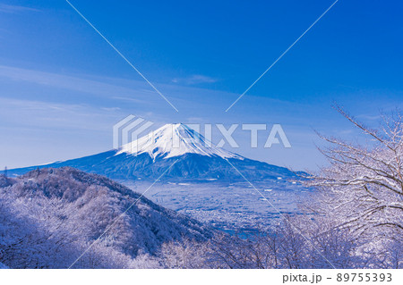 （山梨県）日本の冬景色・降雪後の御坂路から望む富士山 89755393