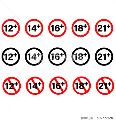 Adults content only age restriction 12, 14, 16, 18, 21 plus years old icon. Set of age restriction signs. Age limit concept. flat style. 89755420