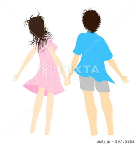 若いカップルが手をつないで空を見上げているイラスト のイラスト素材