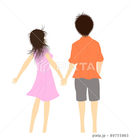 若いカップルが手をつないでいる後ろ姿 デートのイメージ のイラスト素材