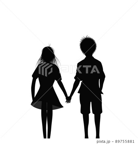 若いカップルが手をつないでいる後ろ姿のシルエット デートのイメージ のイラスト素材 7551