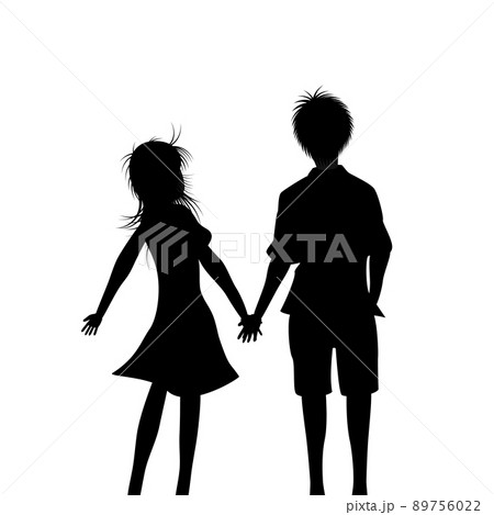 若いカップルが手をつないでいる後ろ姿のシルエット デートのイメージ のイラスト素材