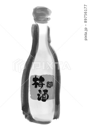 梅酒の瓶の手描き和風イラスト モノクロのイラスト素材