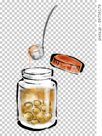 Hand-painted Japanese-style illustration of picking plum wine from a bottle with a lid Hand-painted Japanese-style illustration of picking plum wine from a bottle with a lid 89756179