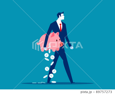 Businessman holding breaking apart piggy bank loosign savings. Business financial concept 89757273