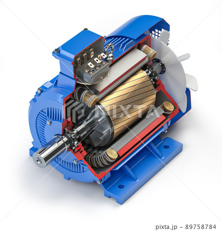 Cross section of Industrial electric motor. Electric motor parts and structure isolated on white background. 89758784