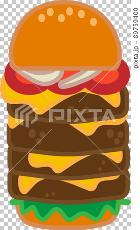 Cartoon cheese big burger icon and sticker. Burger with lettuce, tomato, cheese and hamburg steak. National Hamburger Day vector, illustration, EPS10 Cartoon cheese big burger icon and sticker. Burger with lettuce, tomato, cheese and hamburg steak. National Hamburger Day vector, illustration, EPS10 89759400