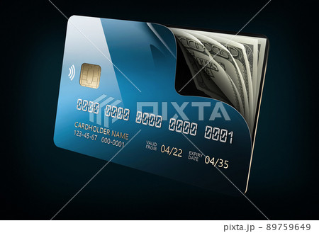 Open Credit card with dollars banknotes, clipping path included. 3d Rendering 89759649